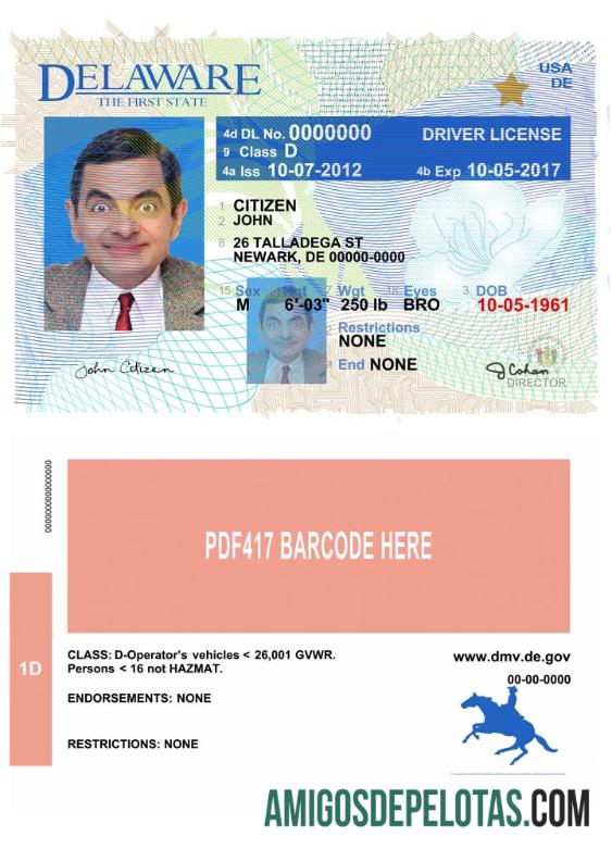 Carteira de habilitação dos EUA Delaware versão 2 modelo